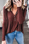 Red Dahlia Waffle Ribbed Knit Patchwork Henley Top